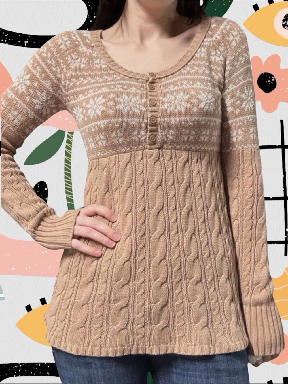 Sonoma | Y2K Knit Snowflake Fair Isle Patterned Button Chest Babydoll Sweater